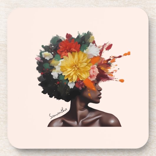 Afro-Amerikaanse Vrouw met Bloemen Afro Haar (2) Bier Onderzetter (Voorkant)