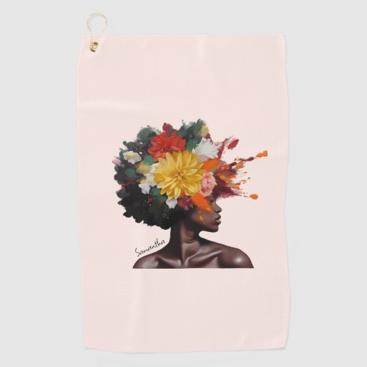 Afro-Amerikaanse Vrouw met Bloemen Afro Haar (2) Golfhanddoek (Voorkant)