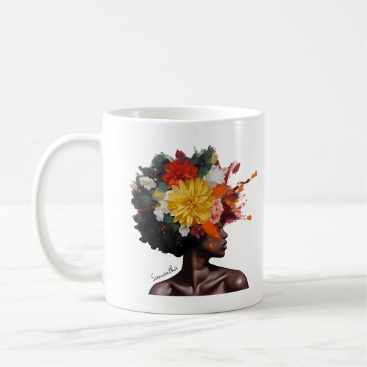 Afro-Amerikaanse Vrouw met Bloemen Afro Haar (2) Koffiemok (Links)