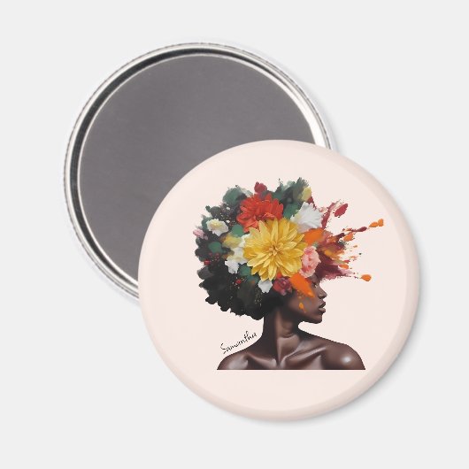 Afro-Amerikaanse Vrouw met Bloemen Afro Haar (2) Magneet (Voorkant / Achterkant)
