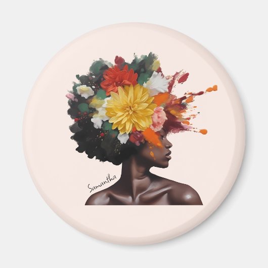 Afro-Amerikaanse Vrouw met Bloemen Afro Haar (2) Magneet (Voorkant)