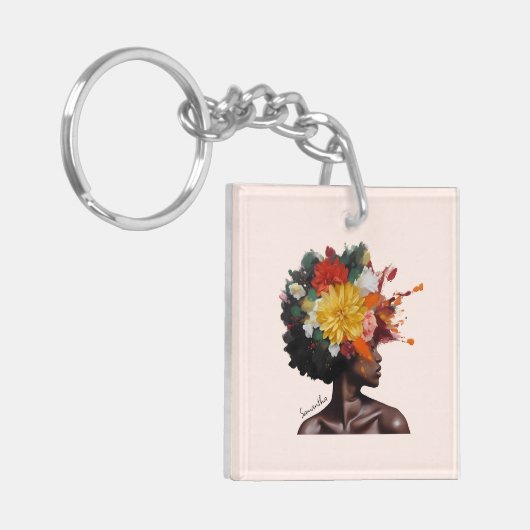 Afro-Amerikaanse Vrouw met Bloemen Afro Haar (2) Sleutelhanger (Voorkant Links)
