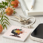Afro-Amerikaanse Vrouw met Bloemen Afro Haar (2) Sleutelhanger (Voorkant Rechts)