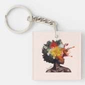 Afro-Amerikaanse Vrouw met Bloemen Afro Haar (2) Sleutelhanger (Voorkant)