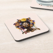 Afro-Amerikaanse Vrouw met Bloemen Afro Haar (3) Bier Onderzetter (Linkerzijde)