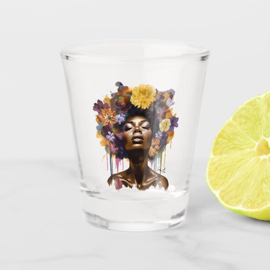 Afro-Amerikaanse Vrouw met Bloemen Afro Haar (3) Shot Glas (Voorkant)