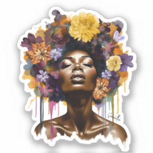 Afro-Amerikaanse Vrouw met Bloemen Afro Haar (3) Sticker