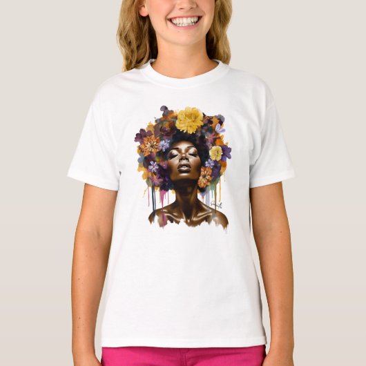 Afro-Amerikaanse Vrouw met Bloemen Afro Haar (3) T-shirt (Voorkant)