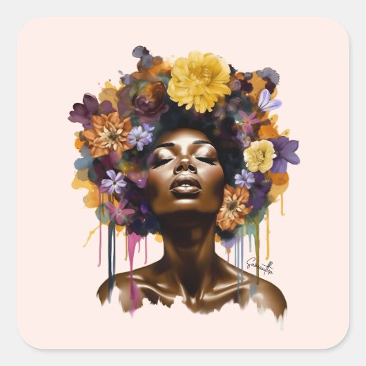 Afro-Amerikaanse Vrouw met Bloemen Afro Haar (3) Vierkante Sticker (Voorkant)