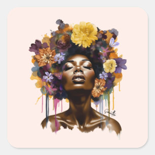 Afro-Amerikaanse Vrouw met Bloemen Afro Haar (3) Vierkante Sticker