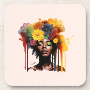 Afro-Amerikaanse Vrouw met Bloemen Afro Hair Bier Onderzetter