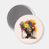 Afro-Amerikaanse Vrouw met Bloemen Afro Hair Magneet (Voorkant / Achterkant)