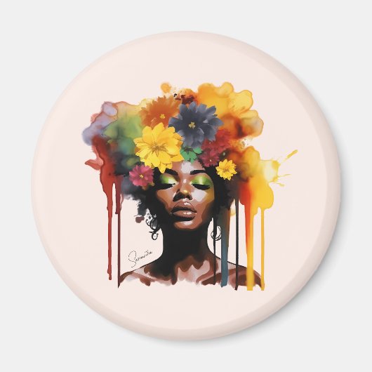 Afro-Amerikaanse Vrouw met Bloemen Afro Hair Magneet (Voorkant)