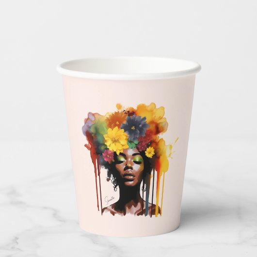 Afro-Amerikaanse Vrouw met Bloemen Afro Hair Papieren Bekers (Achterkant)