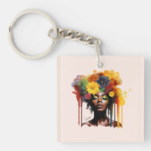Afro-Amerikaanse Vrouw met Bloemen Afro Hair Sleutelhanger