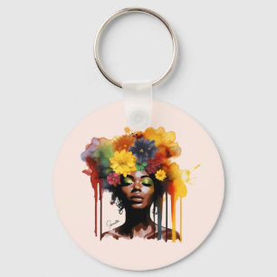 Afro-Amerikaanse Vrouw met Bloemen Afro Hair Sleutelhanger