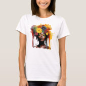 Afro-Amerikaanse Vrouw met Bloemen Afro Hair T-shirt (Voorkant)