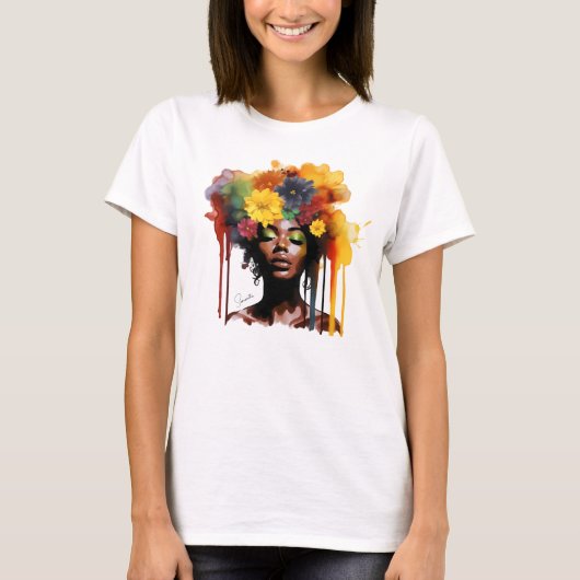 Afro-Amerikaanse Vrouw met Bloemen Afro Hair T-shirt (Voorkant)