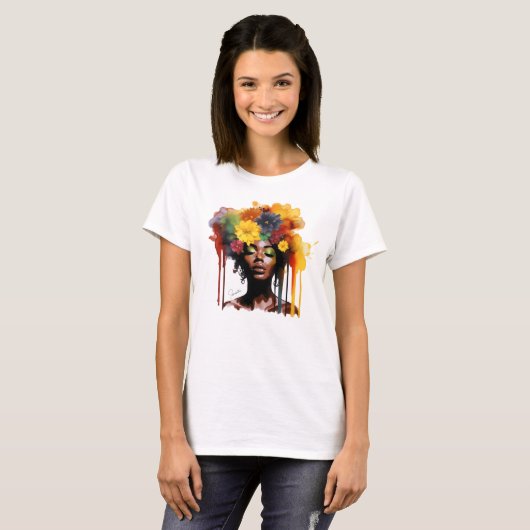 Afro-Amerikaanse Vrouw met Bloemen Afro Hair T-shirt (Voorkant volledig)
