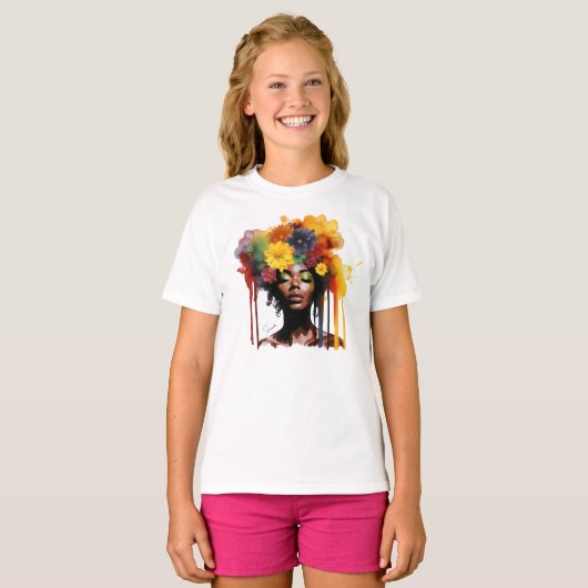 Afro-Amerikaanse Vrouw met Bloemen Afro Hair T-shirt (Voorkant volledig)