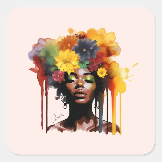 Afro-Amerikaanse Vrouw met Bloemen Afro Hair Vierkante Sticker (Voorkant)