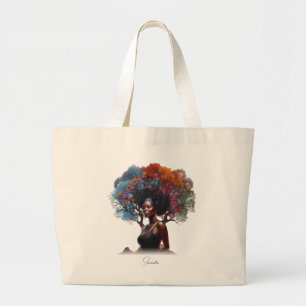 Afro-Amerikaanse vrouw met boomversierd haar Grote Tote Bag