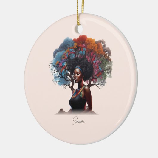 Afro-Amerikaanse vrouw met boomversierd haar Keramisch Ornament (Links)