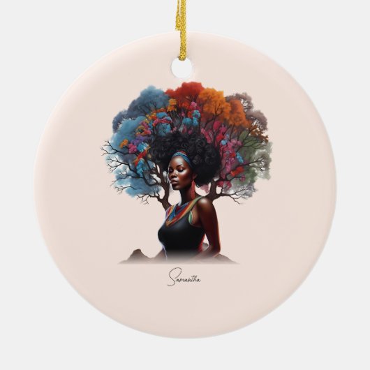 Afro-Amerikaanse vrouw met boomversierd haar Keramisch Ornament (Achterkant)