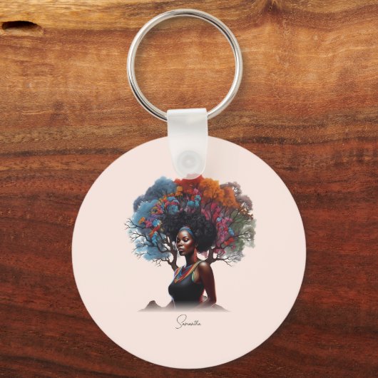 Afro-Amerikaanse vrouw met boomversierd haar Sleutelhanger (Voorkant)