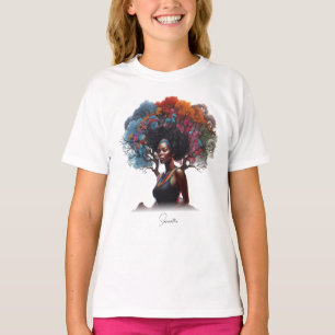 Afro-Amerikaanse vrouw met boomversierd haar T-shirt