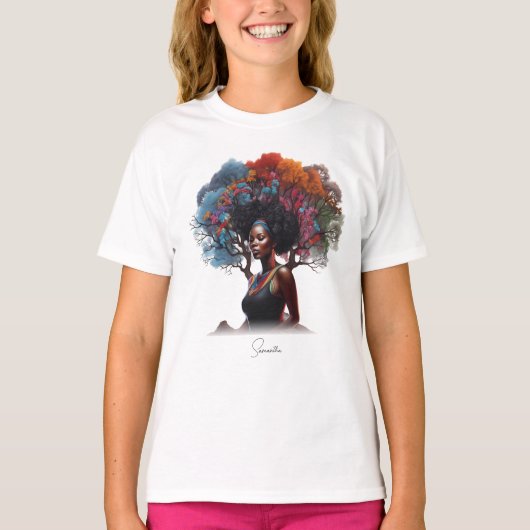 Afro-Amerikaanse vrouw met boomversierd haar T-shirt (Voorkant)