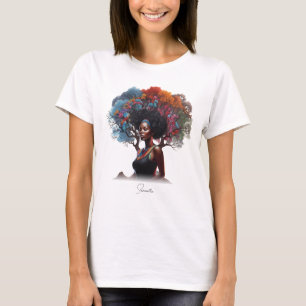 Afro-Amerikaanse vrouw met boomversierd haar T-shirt