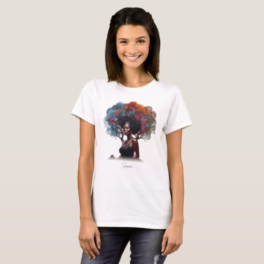 Afro-Amerikaanse vrouw met boomversierd haar T-shirt (Voorkant volledig)