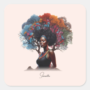 Afro-Amerikaanse vrouw met boomversierd haar Vierkante Sticker