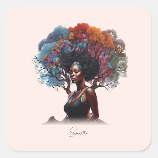 Afro-Amerikaanse vrouw met boomversierd haar Vierkante Sticker (Voorkant)