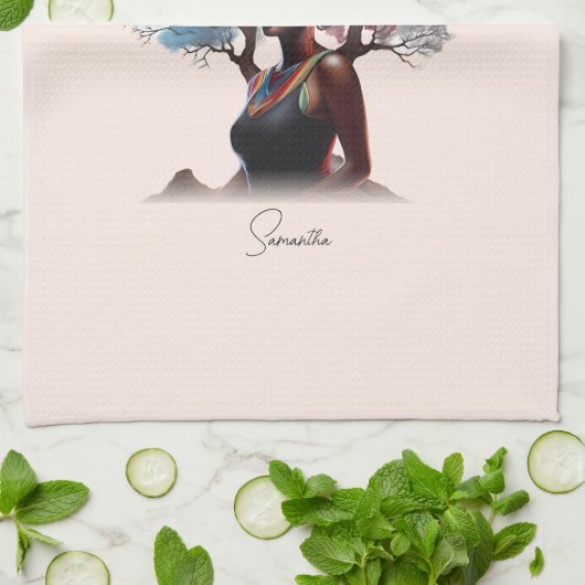 Afro-Amerikaanse vrouw met kleurrijke boom-versier Theedoek (Gevouwen)