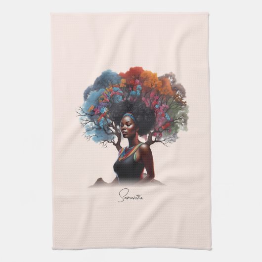 Afro-Amerikaanse vrouw met kleurrijke boom-versier Theedoek (Verticaal)