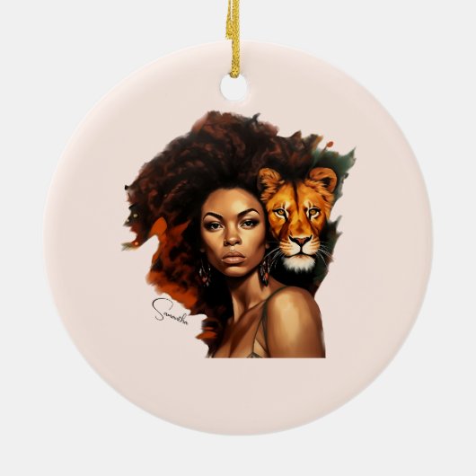 Afro-Amerikaanse vrouw met majestueuze leeuw Keramisch Ornament (Achterkant)