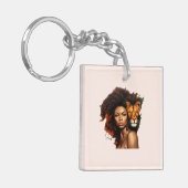 Afro-Amerikaanse vrouw met majestueuze leeuw Sleutelhanger (Voorkant Links)