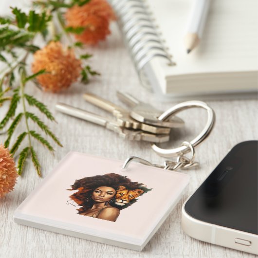 Afro-Amerikaanse vrouw met majestueuze leeuw Sleutelhanger (Voorkant Rechts)