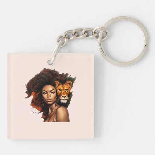 Afro-Amerikaanse vrouw met majestueuze leeuw Sleutelhanger (Achterkant)