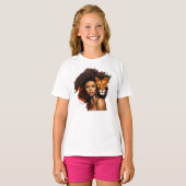 Afro-Amerikaanse vrouw met majestueuze leeuw T-shirt (Voorkant volledig)