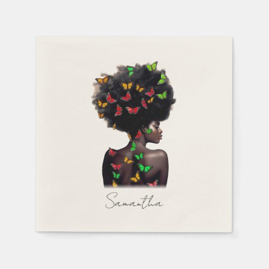 Afro-Amerikaanse vrouw met vlinder gevulde Afro Servet (Voorkant)
