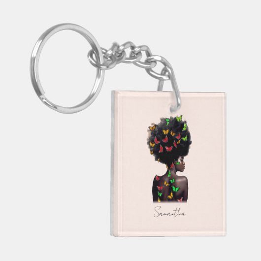 Afro-Amerikaanse vrouw met vlinder gevulde Afro Sleutelhanger (Voorkant Links)