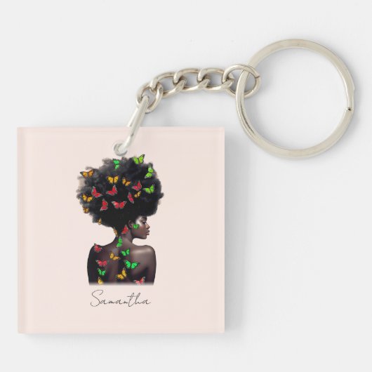 Afro-Amerikaanse vrouw met vlinder gevulde Afro Sleutelhanger (Achterkant)