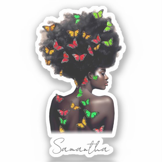 Afro-Amerikaanse vrouw met vlinder gevulde Afro Sticker (Voorkant)