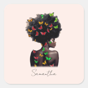 Afro-Amerikaanse vrouw met vlinder gevulde Afro Vierkante Sticker