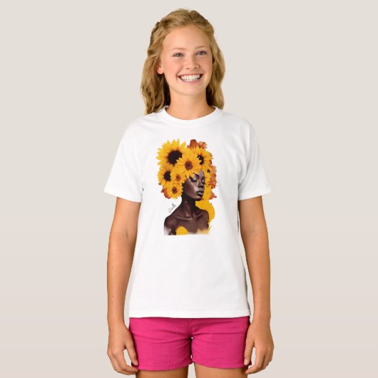 Afro-Amerikaanse vrouw met zonnebloem Afro haar T-shirt (Voorkant volledig)