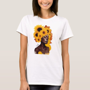 Afro-Amerikaanse vrouw met zonnebloem Afro haar T-shirt