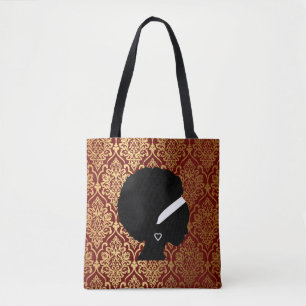 Afro-Amerikaanse vrouw op rood en goud Damast Tote Bag